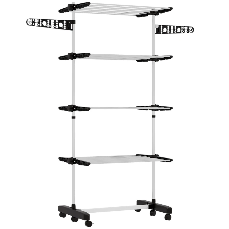 HOMCOM Garment Drying Rack Stainless Steel Folding Clothes Hanging Rack with Side Wings Castors for Indoor Outdoor Black