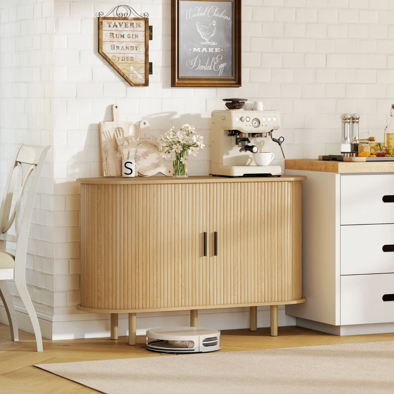 HOMCOM 47" Buffet Cabinet with Tambour Sliding Doors, Fluted Sideboard with Storage Shelves and Wooden Legs, Oak