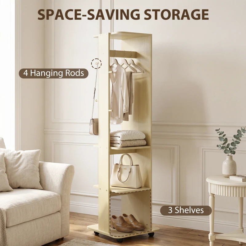 HOMCOM 15" x 62" Full Length Mirror, Tempered Glass Floor Mirror on Wheels with Storage Shelves, Coat Hangers, Natural Wood