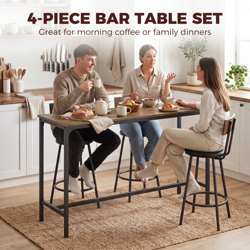 HOMCOM Bar Table Set Counter Height Barstools Set of 4 PU Cushioned Seats Rustic Brown