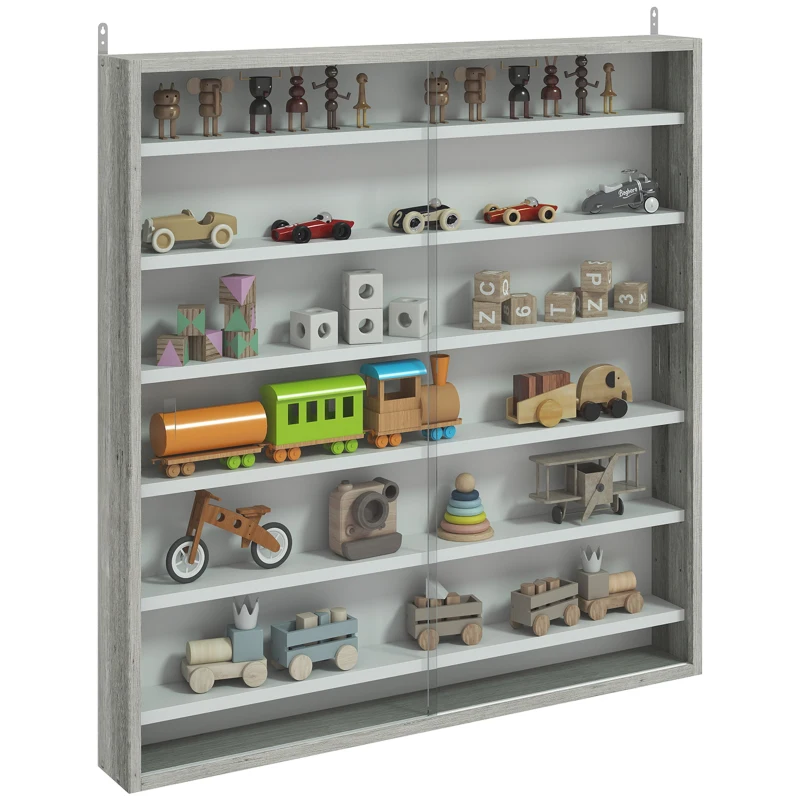 HOMCOM 7-Tier Display Cabinet, Shot Glass Display Case, Glass Curio Cabinet with 2 Glass Doors and 6 Adjustable Shelves, Grey