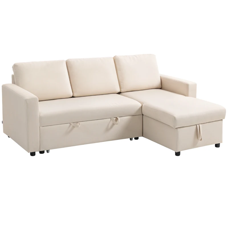 HOMCOM 83" Sofa Bed, Pull Out Sleeper L Shaped Sectional Couch with Reversible Storage Chaise, Wide and Deep Seat, Cream White