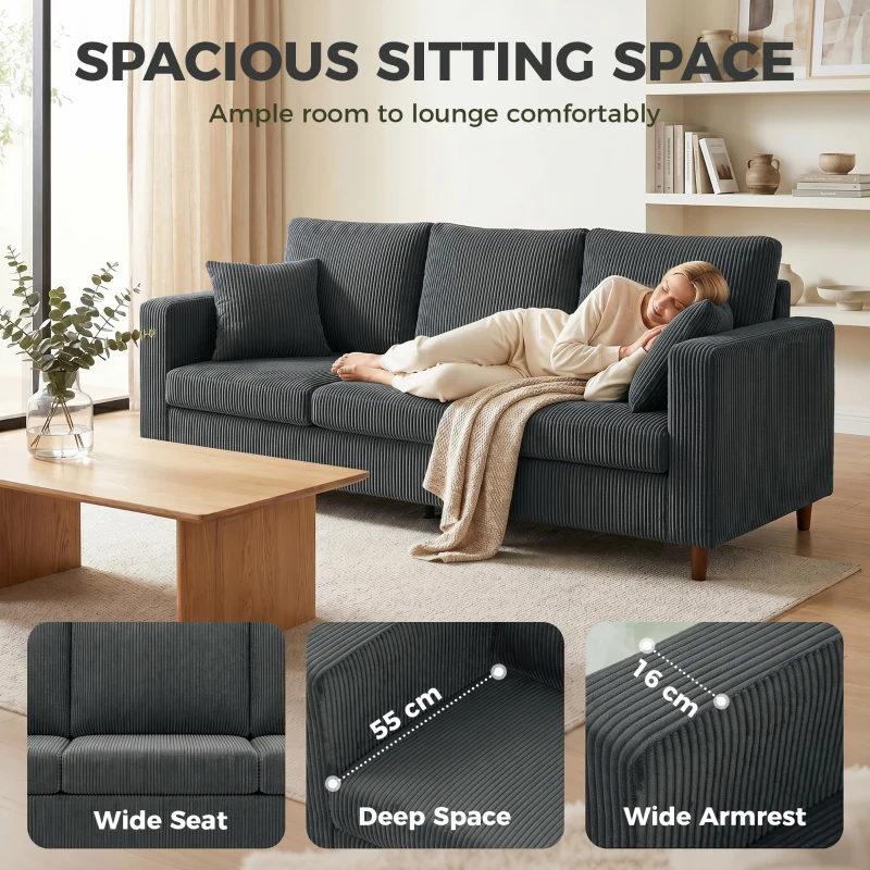 HOMCOM 3 Seater Sofa with Wide Seat, Corduroy Couch with Deep Seat, Spring Cushion, Dark Grey