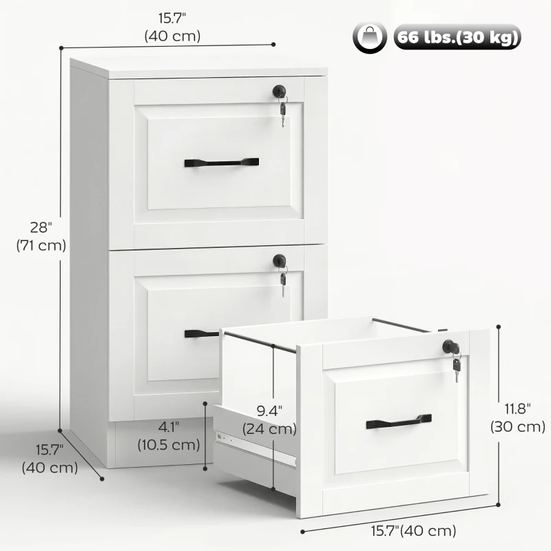 HOMCOM 2 Drawer File Cabinet with Lock, Vertical Filing Cabinet with Adjustable Hanging Bars for A4 and Letter Size, White