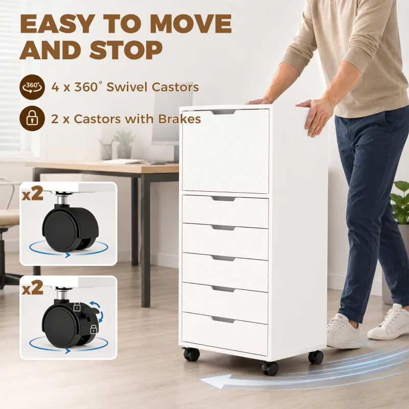HOMCOM File Cabinet on Wheels Mobile Printer Stand with 5 Drawers for Home Office White