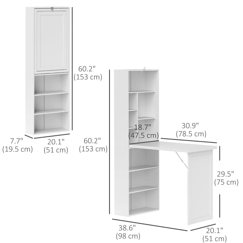 HOMCOM Fold-out Convertible Office Desk, Wall Mount Computer Desk with Whiteboard and Side Shelf, White