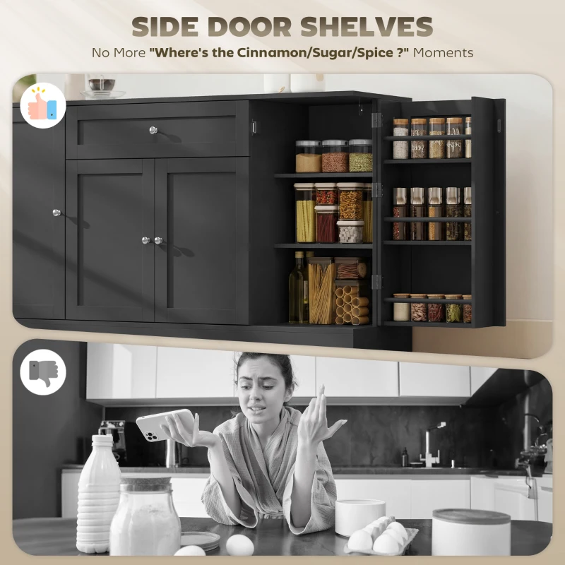 HOMCOM 55" Modern Kitchen Storage Cabinet with Drawer, Adjustable Shelves, Small Kitchen Pantry with Door Racks, Black