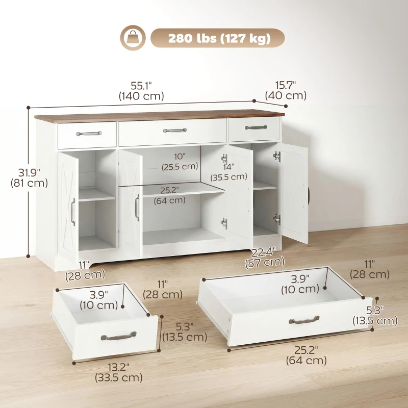 HOMCOM Sideboard Buffet Cabinet, 55" Farmhouse Kitchen Cabinet with 4 Barn Doors, 3 Drawers, 3 Adjustable Shelves, White