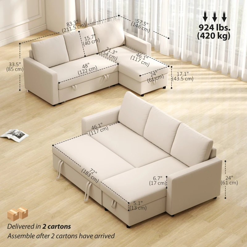 HOMCOM 83" Sofa Bed, Pull Out Sleeper L Shaped Sectional Couch with Reversible Storage Chaise, Wide and Deep Seat, Cream White