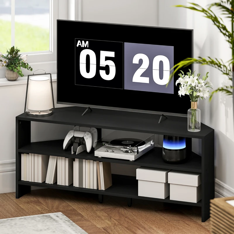HOMCOM Corner TV Stand, Modern TV Table with 2 Open Shelves for 47 Inch TV, Entertainment Center for Living Room, Black