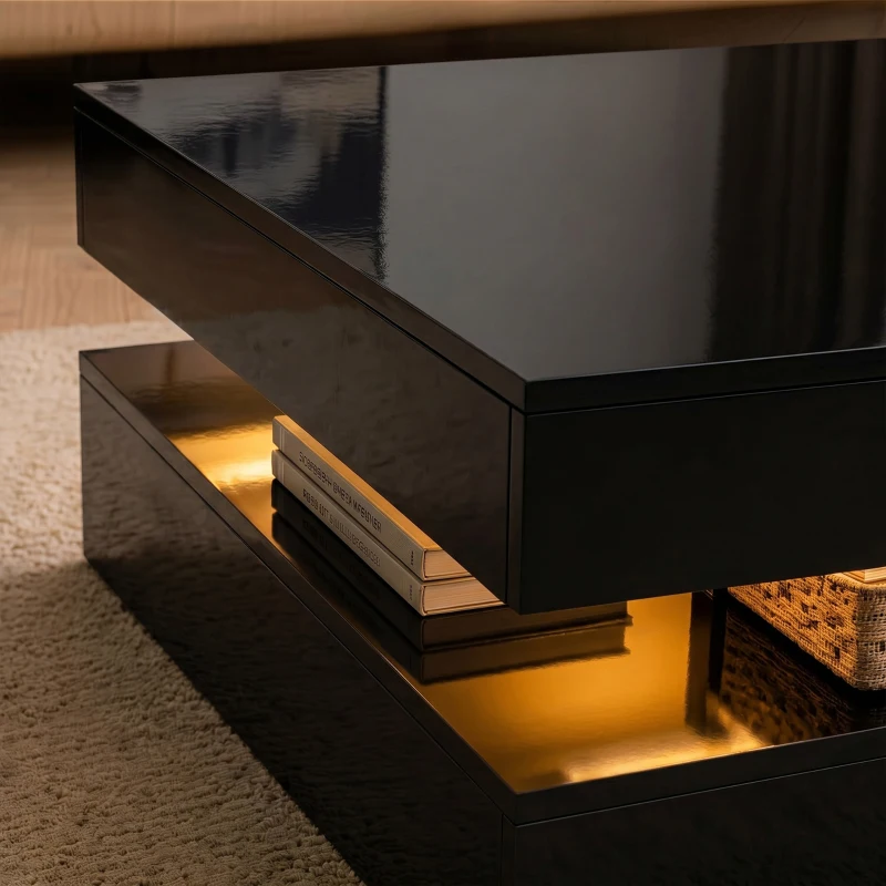 HOMCOM LED Coffee Table with Storage, 2-Tier Modern Center Table with Open Shelf and Remote for Living Room, High Gloss Black