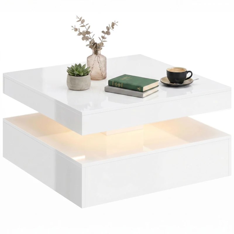 HOMCOM LED Coffee Table with Storage, 2-Tier Modern Center Table with Open Shelf and Remote for Living Room, High Gloss White