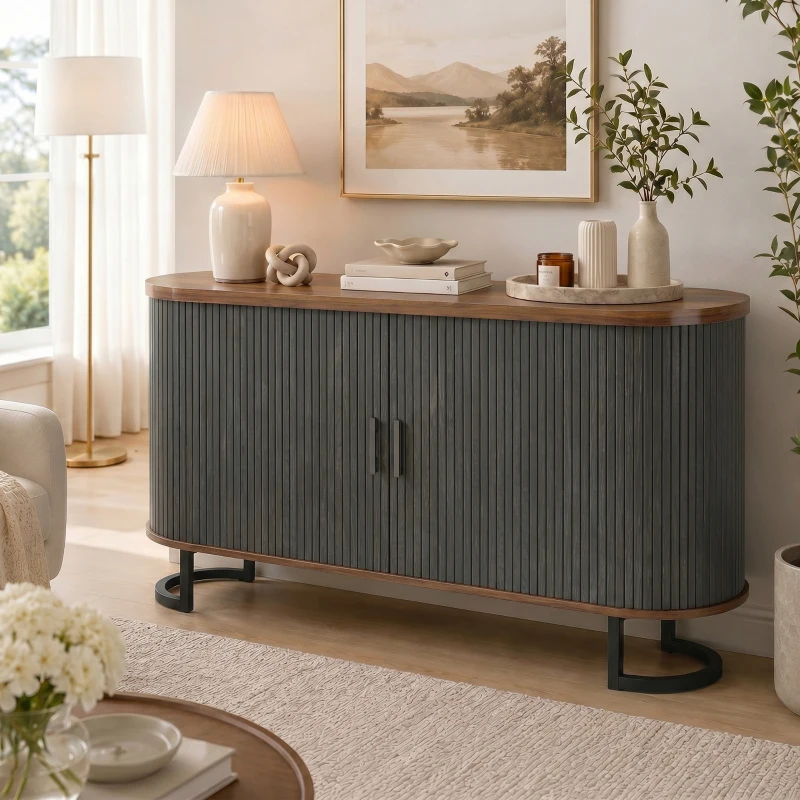 HOMCOM Fluted Sideboard Buffet Cabinet, 55" Modern Coffee Bar Cabinet with Sliding Doors and Adjustable Shelves, Black