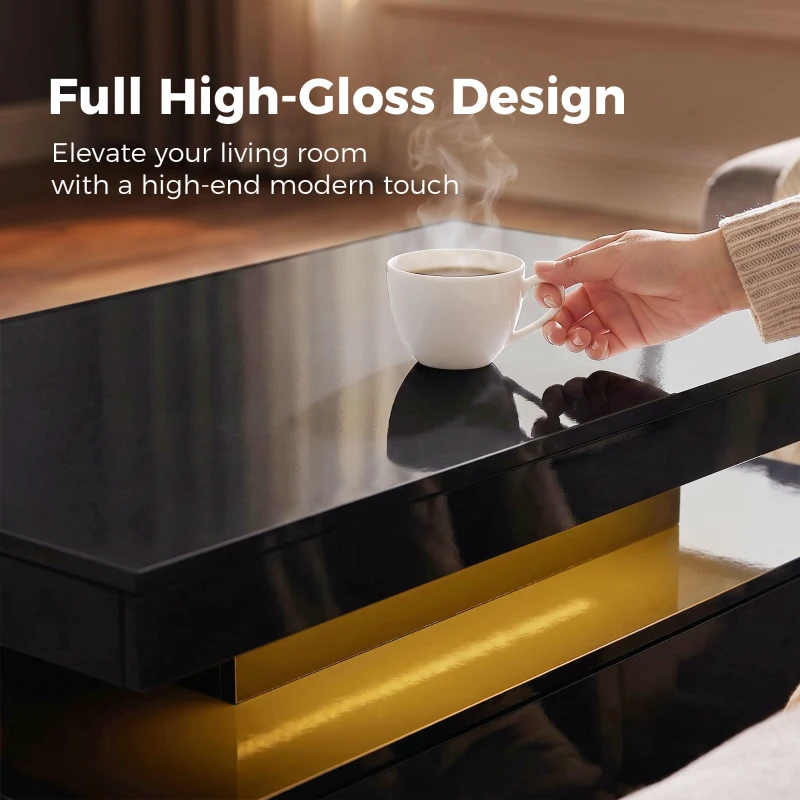 HOMCOM LED Coffee Table with Storage, 2-Tier Modern Center Table with 2 Drawers for Living Room, High Gloss Black