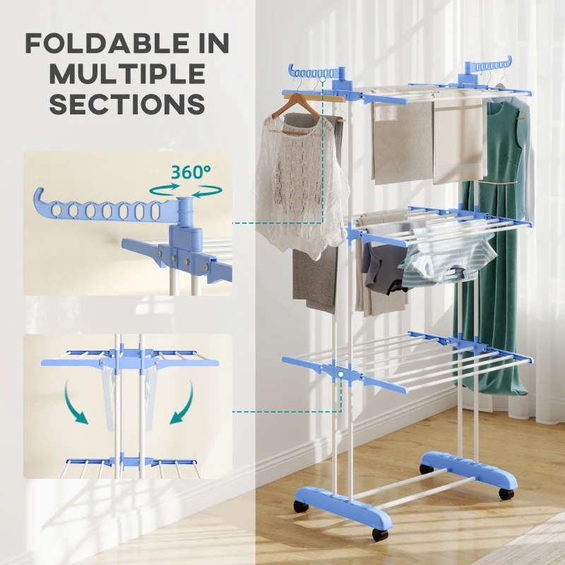 HOMCOM Foldable Clothes Drying Rack, 4-Tier Steel Laundry Rack for Drying Clothes with 2 Side Wings and 4 Castors, Indoor and Outdoor Use, Blue