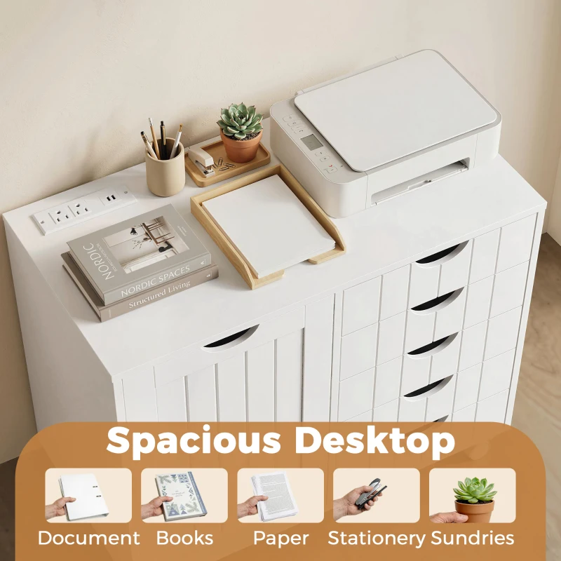 HOMCOM Mobile Lateral Filing Cabinet with 5 Drawers, Printer Stand with Power Outlets and USB Ports for Home Office, White