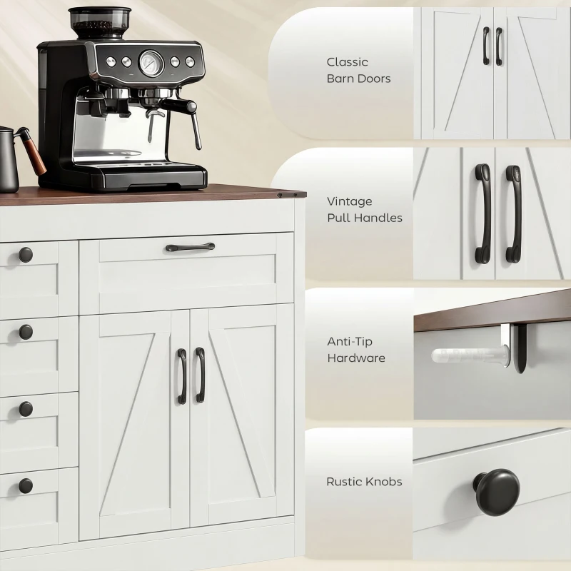 HOMCOM Sideboard Buffet Cabinet, 55" Farmhouse Kitchen Cabinet with 4 Barn Doors, 6 Drawers and 2 Adjustable Shelves, White