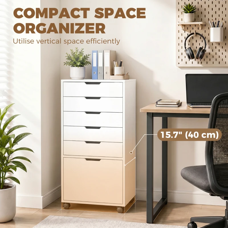 HOMCOM File Cabinet on Wheels Mobile Printer Stand with 6 Drawers for Home Office White