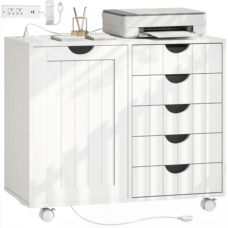 HOMCOM Mobile Lateral Filing Cabinet with 5 Drawers, Printer Stand with Power Outlets and USB Ports for Home Office, White