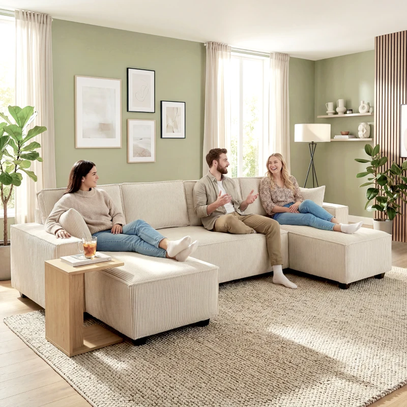HOMCOM Modular U Shaped Couch, Sectional Sofa with Double Chaises and Spring Cushions, Beige