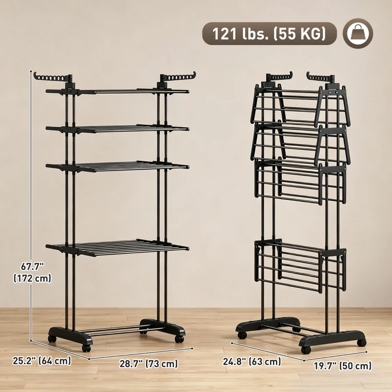 HOMCOM 5-Tier Clothes Drying Rack, Foldable Laundry Drying Rack with Wheels, Side Wings, Black