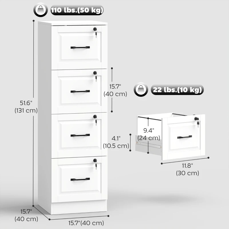 HOMCOM 4 Drawer File Cabinet with Lock, Vertical Filing Cabinet with Adjustable Hanging Bars for A4 and Letter Size, White