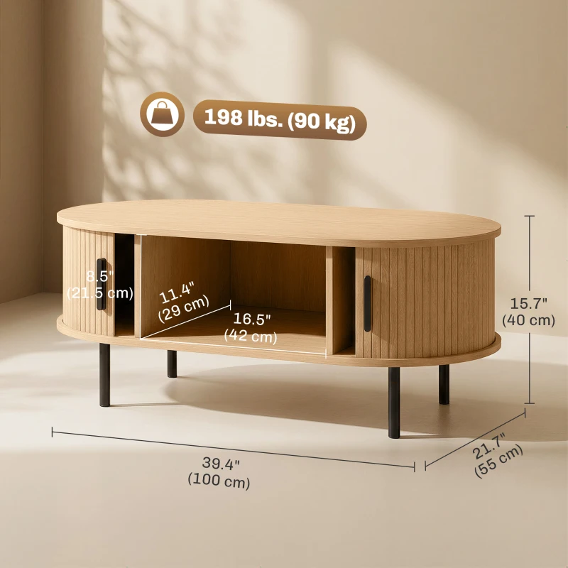 HOMCOM Coffee Table with Sliding Tambour Doors and Storage Center Table with Metal Legs, 39", Natural