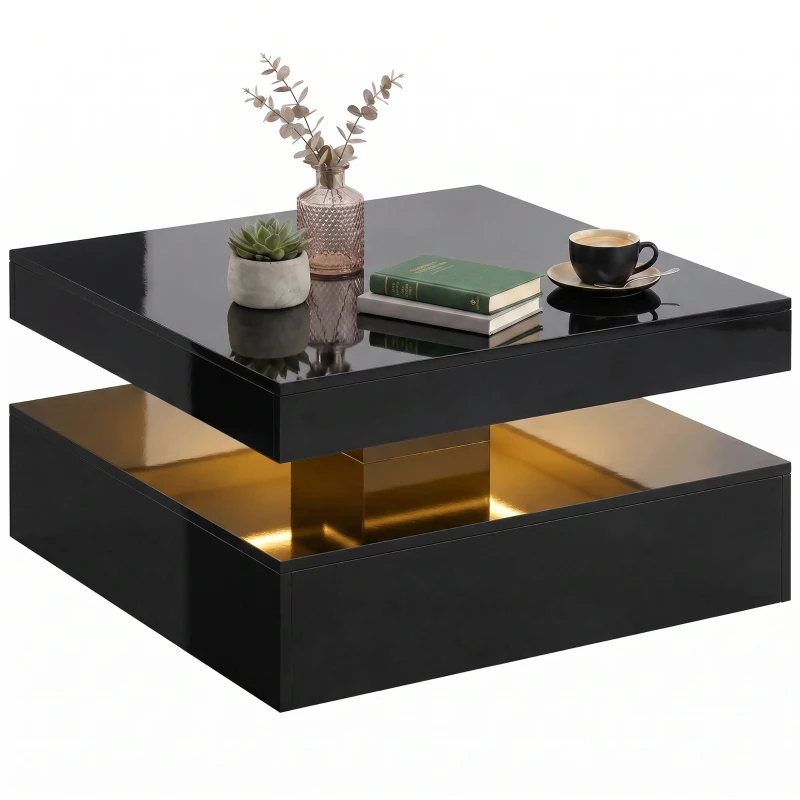 HOMCOM LED Coffee Table with Storage, 2-Tier Modern Center Table with Open Shelf and Remote for Living Room, High Gloss Black