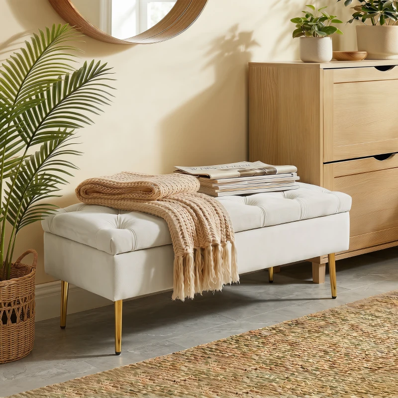 HOMCOM Upholstered Bedroom Bench with Gold Tone Metal Legs, Velvet Tufted and Thick Padding, Beige