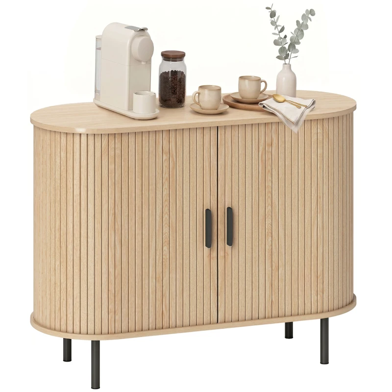 HOMCOM Sideboard Buffet Cabinet with Curved Tambour Doors and Storage, Natural Wood