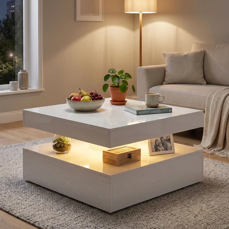 HOMCOM LED Coffee Table with Storage, 2-Tier Modern Center Table with Open Shelf and Remote for Living Room, High Gloss White