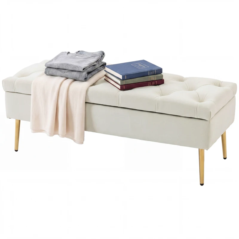 HOMCOM Upholstered Bedroom Bench with Gold Tone Metal Legs, Velvet Tufted and Thick Padding, Beige
