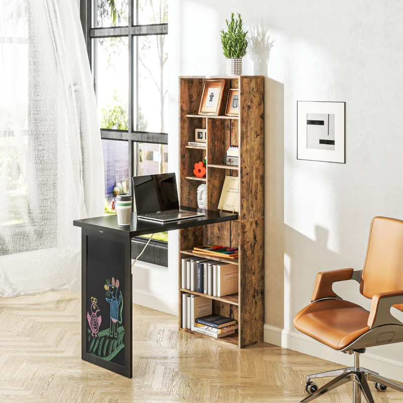 HOMCOM Fold-out Convertible Office Desk, Wall Mount Computer Desk with Blackboard and Side Shelf, Rustic Brown