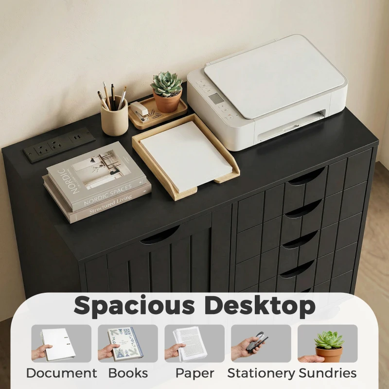 HOMCOM Mobile Lateral Filing Cabinet with 5 Drawers, Printer Stand with Power Outlets and USB Ports for Home Office, Black