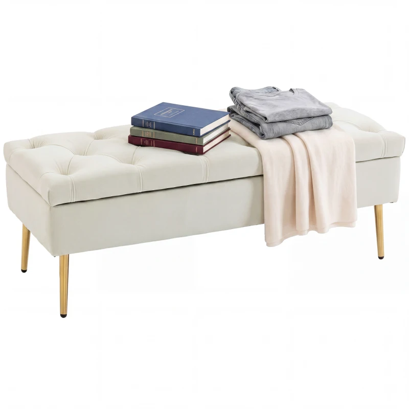 HOMCOM Upholstered Bedroom Bench with Gold Tone Metal Legs, Velvet Tufted and Thick Padding, Beige
