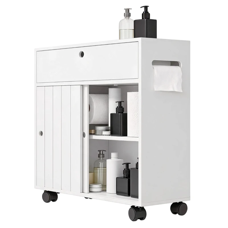 kleankin Toilet Paper Cabinet, Slim Bathroom Cabinet with 4 Rolling Wheels, Small Bathroom Storage Cabinet with Paper Holes, Sliding Doors and Adjustable Shelf for Small Space, White