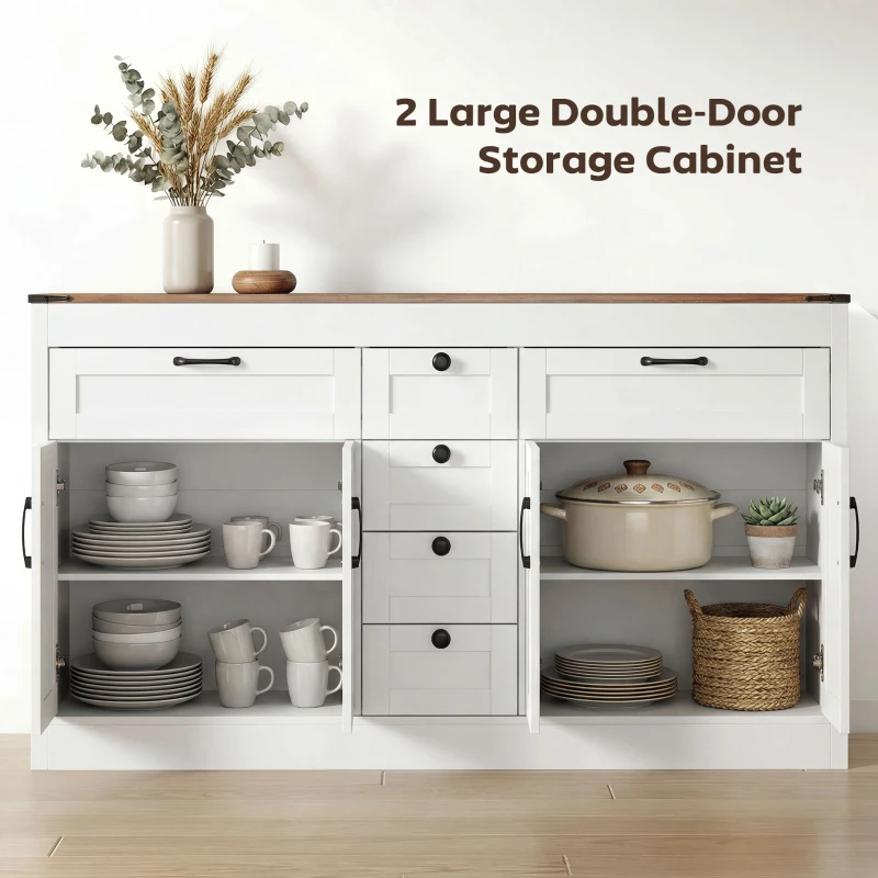 HOMCOM Sideboard Buffet Cabinet, 55" Farmhouse Kitchen Cabinet with 4 Barn Doors, 6 Drawers and 2 Adjustable Shelves, White