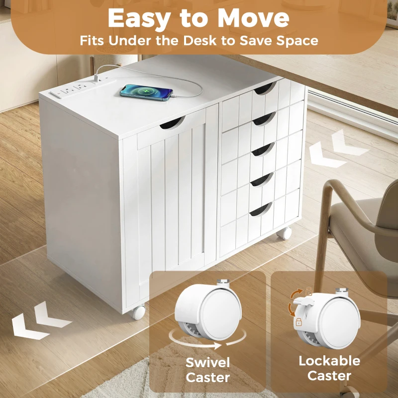 HOMCOM Mobile Lateral Filing Cabinet with 5 Drawers, Printer Stand with Power Outlets and USB Ports for Home Office, White