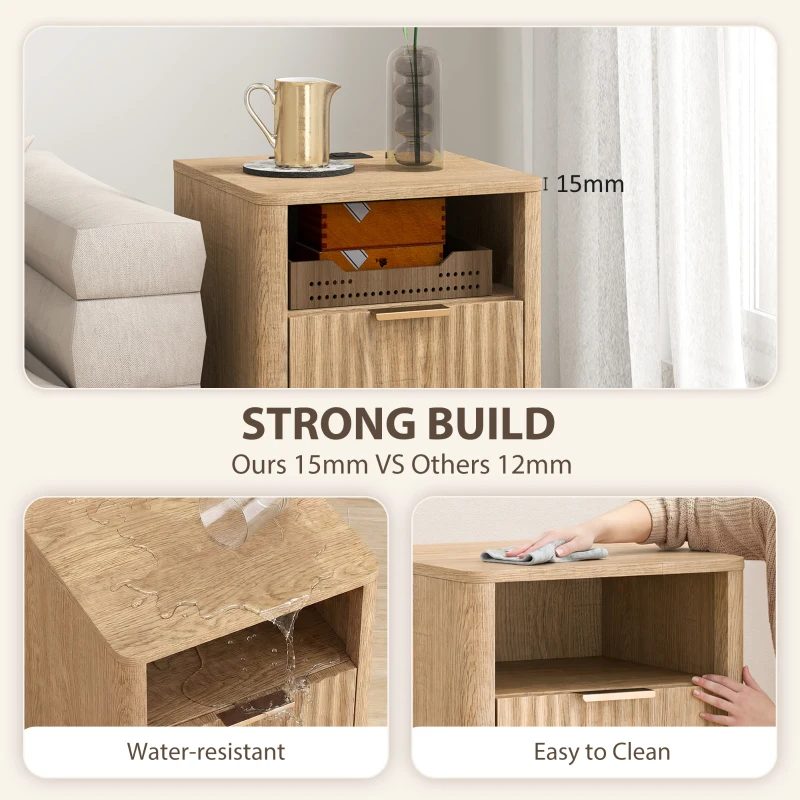 HOMCOM Nightstands Set of 2, Modern Bedside Tables with Charging Station, 2 Drawers and Open Shelf, Oak