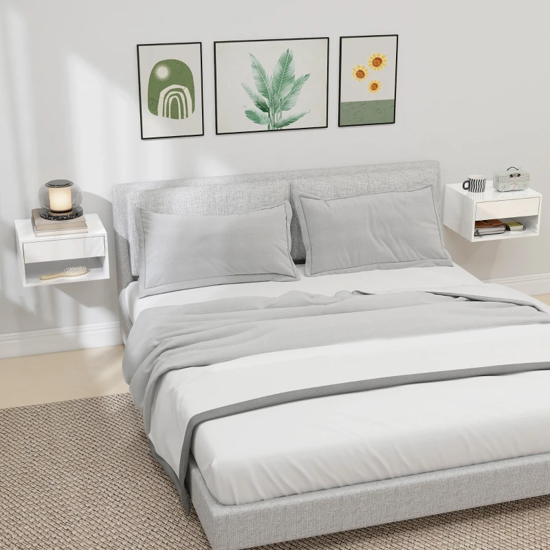 HOMCOM Floating Bedside Tables Set of 2, Wall-Mounted Nightstand, High Gloss White