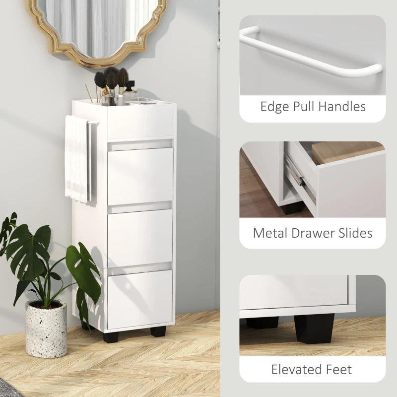 HOMCOM Slim Bathroom Cabinet, Bathroom Storage Cabinet with 4 Top Compartments, 3 Drawers & Towel Rack for Narrow Spaces, White