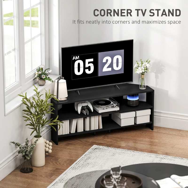 HOMCOM Corner TV Stand, Modern TV Table with 2 Open Shelves for 47 Inch TV, Entertainment Center for Living Room, Black