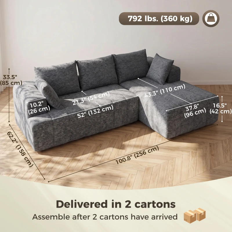 HOMCOM 101" Modular Sectional Sofa with Chaise, Chenille Boneless Cloud Sofa Bed, 3 Seater L-Shaped Couch, No Assembly, Grey