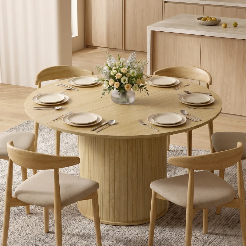 HOMCOM Round Dining Table for 4-6, 47 Inch Kitchen Table with Fluted Pedestal Base, for Kitchen Living Room Dining Room, Natural