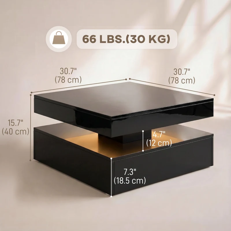 HOMCOM LED Coffee Table with Storage, 2-Tier Modern Center Table with Open Shelf and Remote for Living Room, High Gloss Black