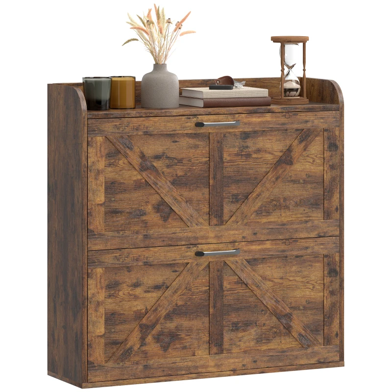 HOMCOM Narrow Shoe Storage Cabinet, Farmhouse Slim Shoe Cabinet with 2 Flip Drawers, Adjustable Shelves, Rustic Brown