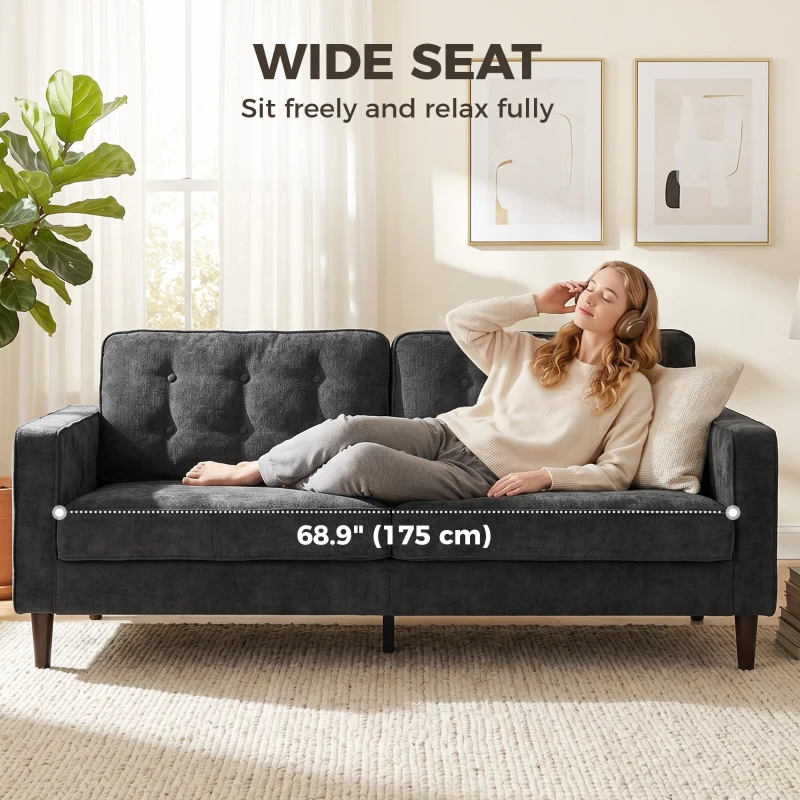 HOMCOM 3 Seater Sofa Upholstered with Padded Cushion Modern Button Tufted Couch with Wood Legs, Dark Grey