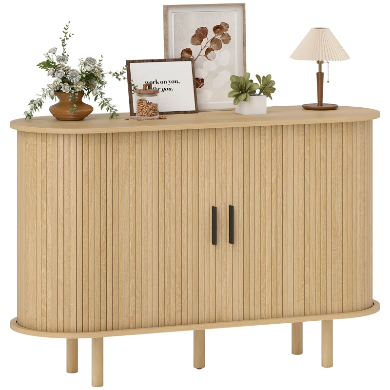 HOMCOM 47" Buffet Cabinet with Tambour Sliding Doors, Fluted Sideboard with Storage Shelves and Wooden Legs, Oak