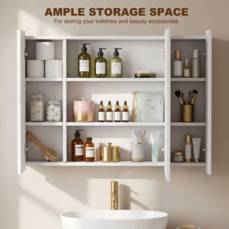 kleankin Medicine Cabinet with Mirror, Wall Mounted Bathroom Mirror Cabinet with Adjustable Shelf, USB Charge, High Gloss White