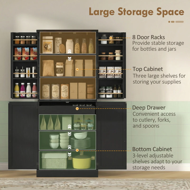 HOMCOM 72" Tall Kitchen Pantry Cabinet, Farmhouse Storage Cabinet with 8 Door Racks and Adjustable Shelves, Black